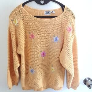 Vintage Yellow Cotton Crochet Embroidered Floral Cottagecore Sweater Size M